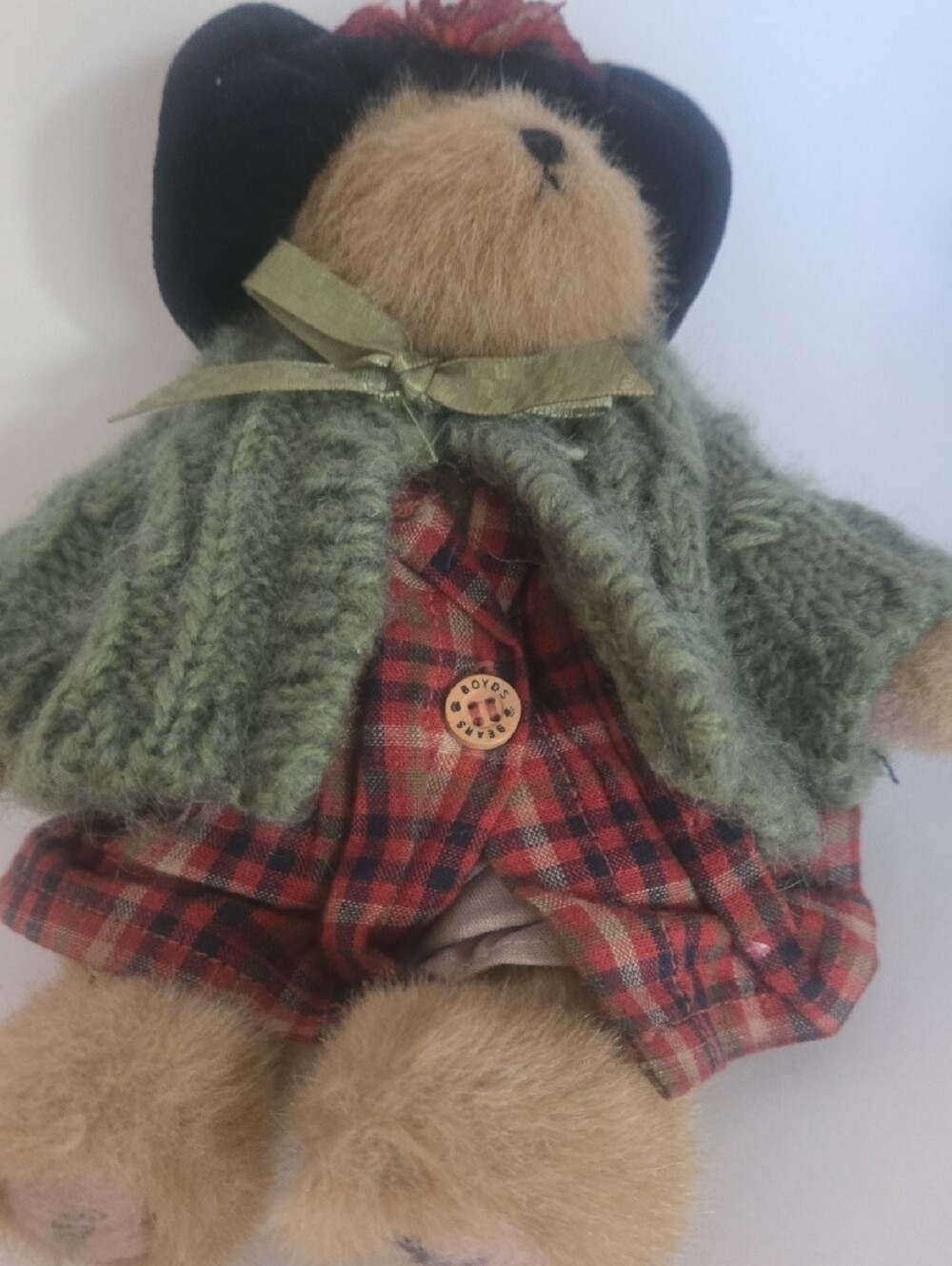 Boyds Bears Small Plush Bear in Green Sweater and Red Plaid Dress - Picture 7 of 10